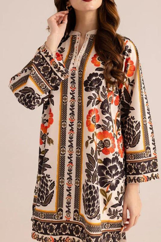 Women's 2 Piece Stitched Printed V-Neck Shirt with Plain Trouser Set ShopiRivo