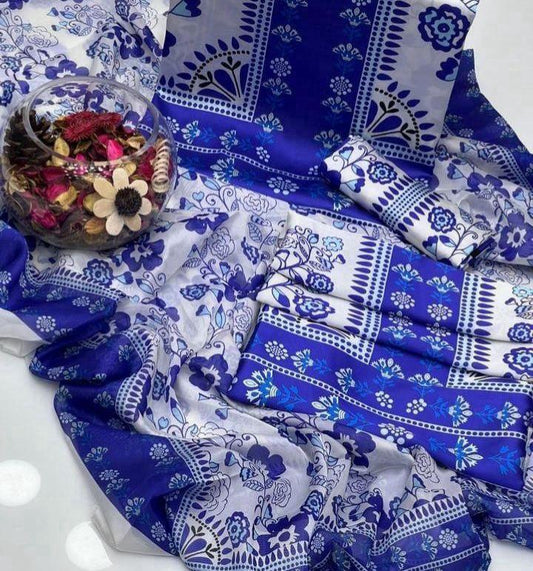 Women's White Silk 3 Piece Suit with Digital Print & Dupatta ShopiRivo