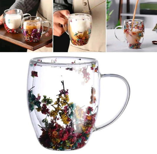 350 ml Insulated Double Wall Flower Glass Mug – Transparent & Decorative ShopiRivo