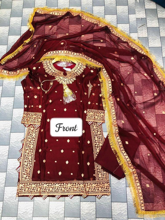 Women’s 3 Piece Stitched Crinkle Chiffon Embroidered Suit with Dupatta ShopiRivo