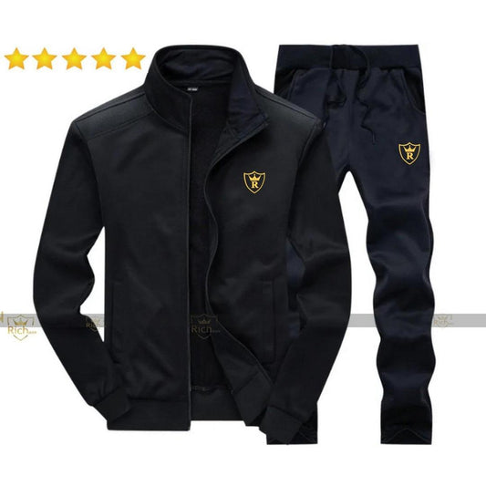 Men’s Black Fleece Track Suit – 2 Pcs Plain Collar Outfit for Sports & Casual Wear ShopiRivo