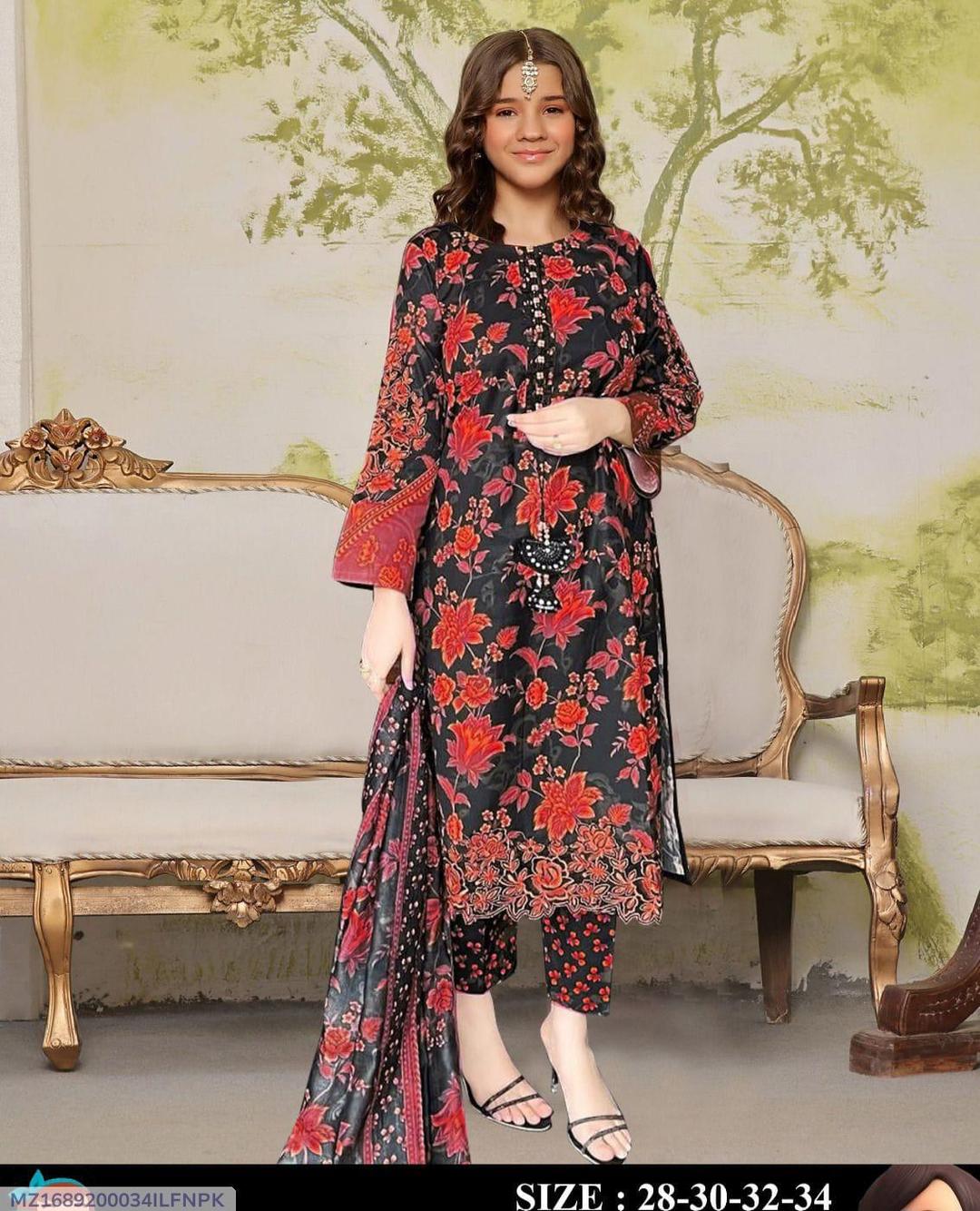 Charming Girl's 3 Pcs Printed Stitched Lawn Suit with Dupatta ShopiRivo