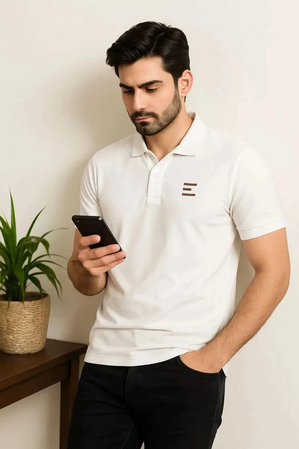 Men's Classic White Polo Shirt – Premium Cotton Casual Wear (EW-001045) ShopiRivo