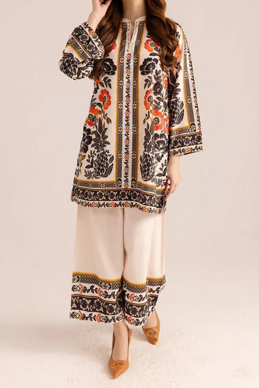Women's 2 Piece Stitched Printed V-Neck Shirt with Plain Trouser Set ShopiRivo