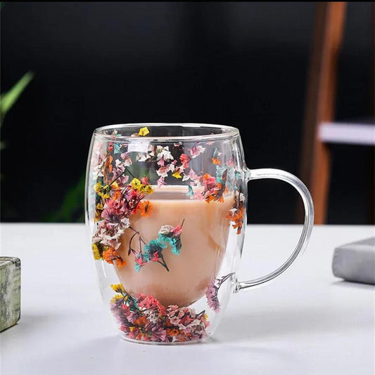 350 ml Insulated Double Wall Flower Glass Mug – Transparent & Decorative ShopiRivo