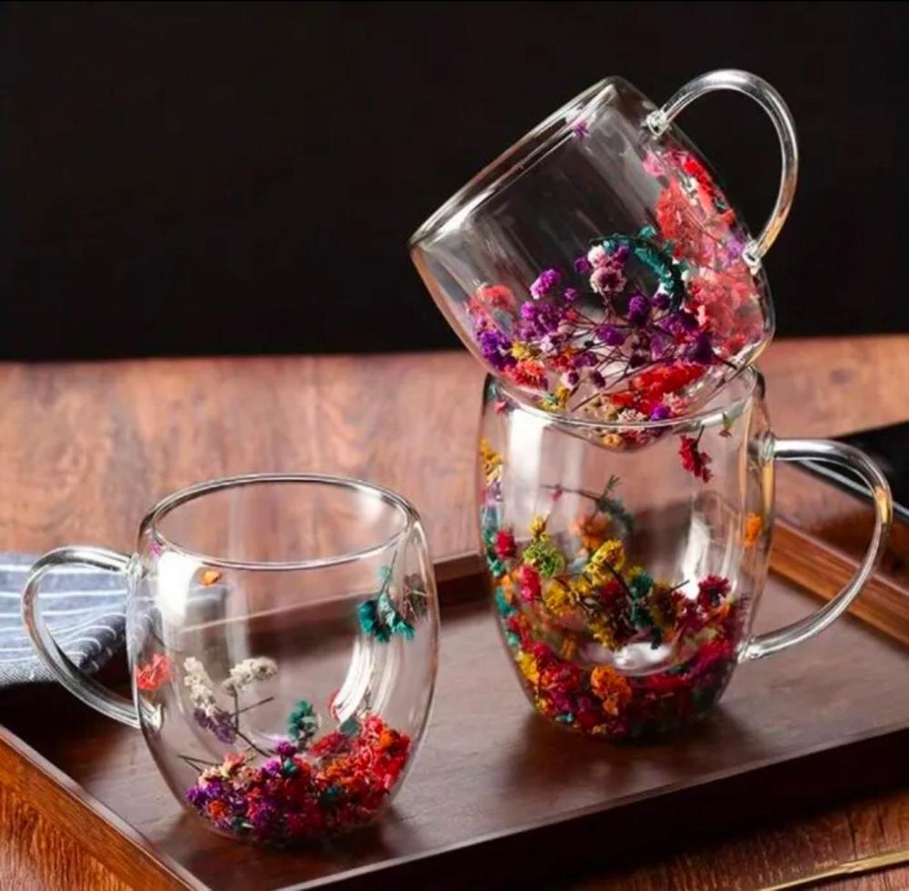 350 ml Insulated Double Wall Flower Glass Mug – Transparent & Decorative ShopiRivo