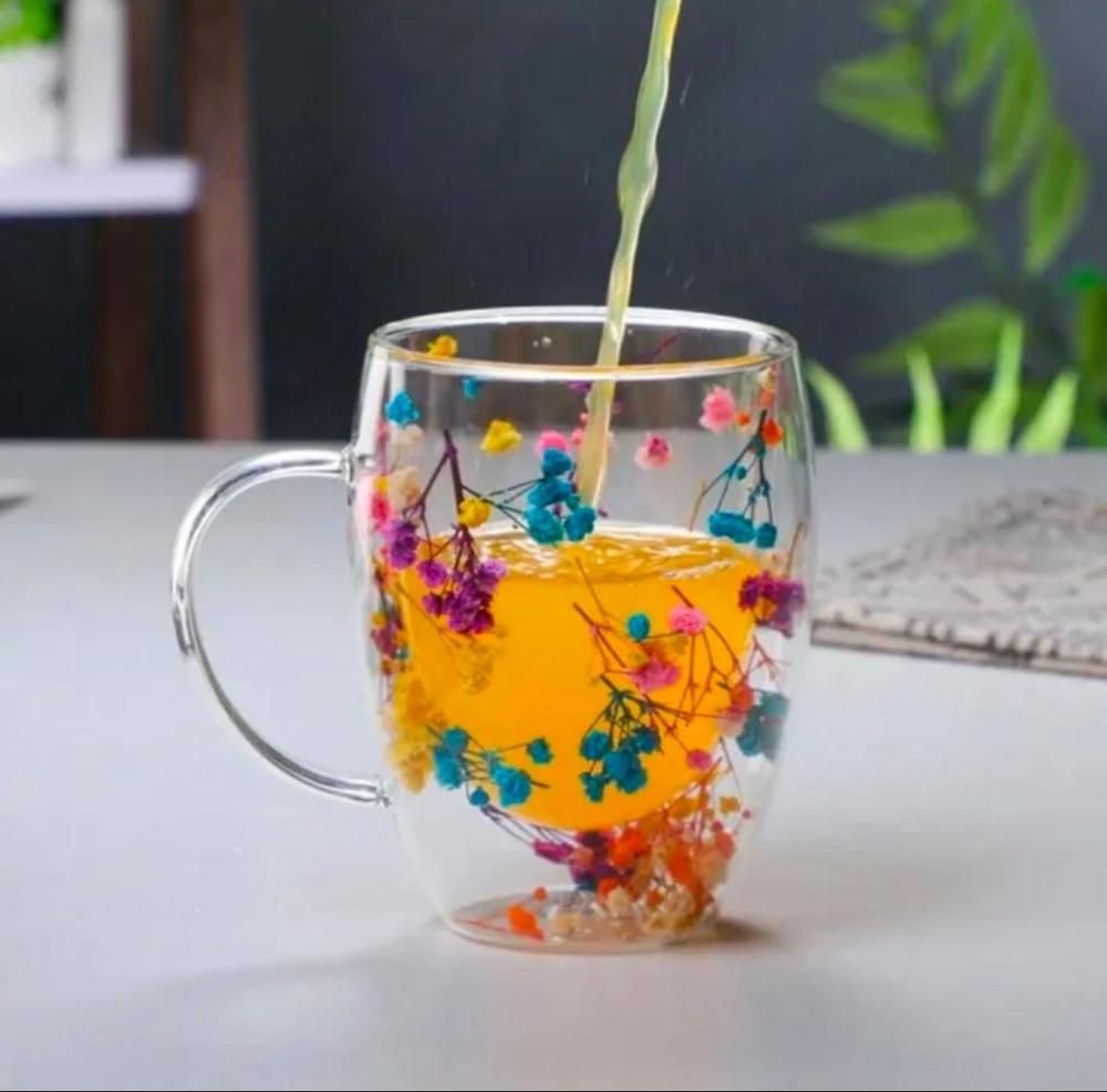 350 ml Insulated Double Wall Flower Glass Mug – Transparent & Decorative ShopiRivo