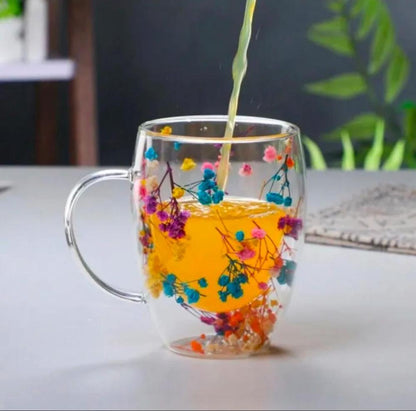 350 ml Insulated Double Wall Flower Glass Mug – Transparent & Decorative ShopiRivo