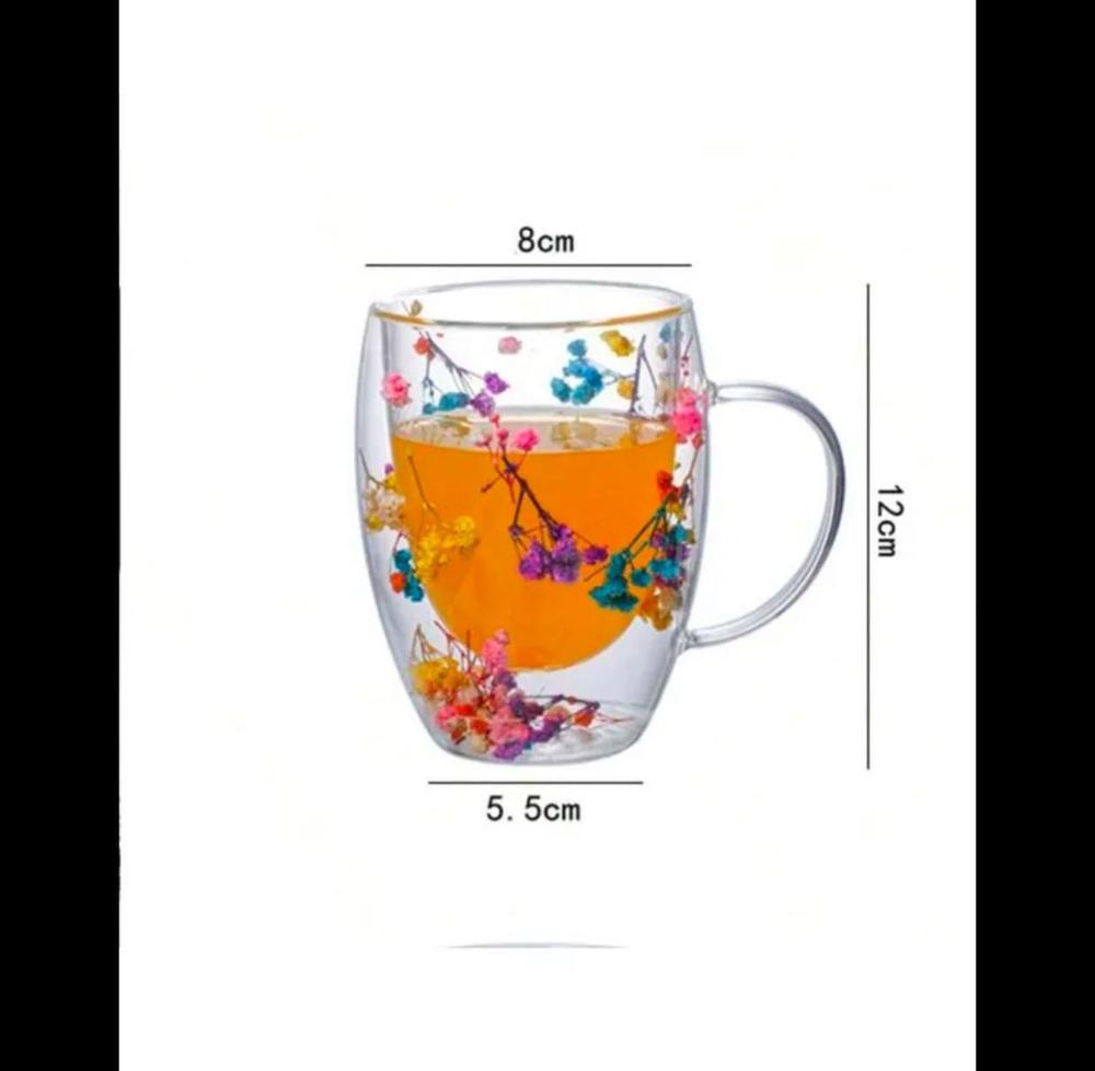350 ml Insulated Double Wall Flower Glass Mug – Transparent & Decorative ShopiRivo