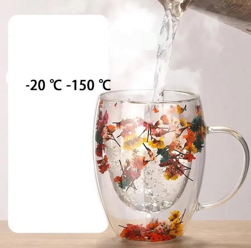 350 ml Insulated Double Wall Flower Glass Mug – Transparent & Decorative ShopiRivo