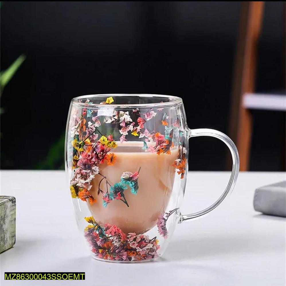 350 ml Insulated Double Wall Flower Glass Mug – Transparent & Decorative ShopiRivo