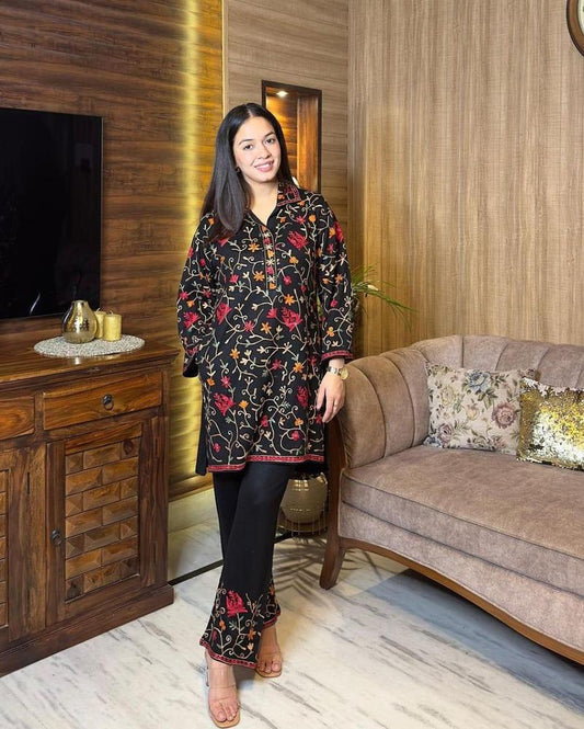 2 Pcs Women’s Stitched Katan Silk Embroidered Shirt & Trouser Set ShopiRivo