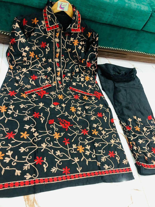 2 Pcs Women’s Stitched Katan Silk Embroidered Shirt & Trouser Set ShopiRivo