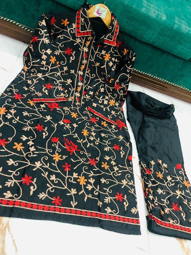 2 Pcs Women’s Stitched Katan Silk Embroidered Shirt & Trouser Set ShopiRivo