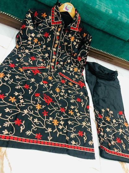 2 Pcs Women’s Stitched Katan Silk Embroidered Shirt & Trouser Set ShopiRivo