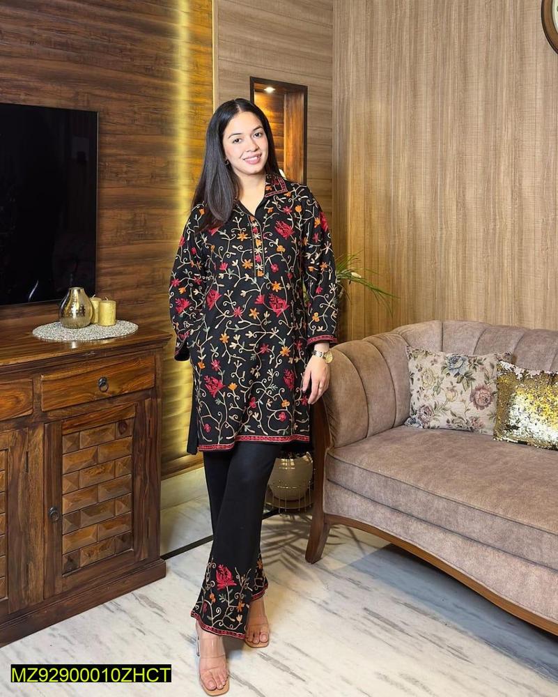 2 Pcs Women’s Stitched Katan Silk Embroidered Shirt & Trouser Set ShopiRivo