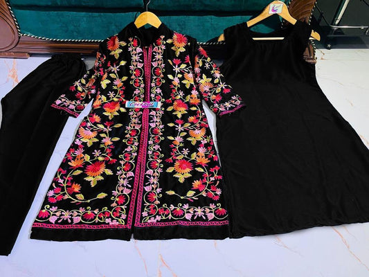 Women's 3 Piece Stitched Katan Silk Embroidered Gown Suit with Dupatta ShopiRivo